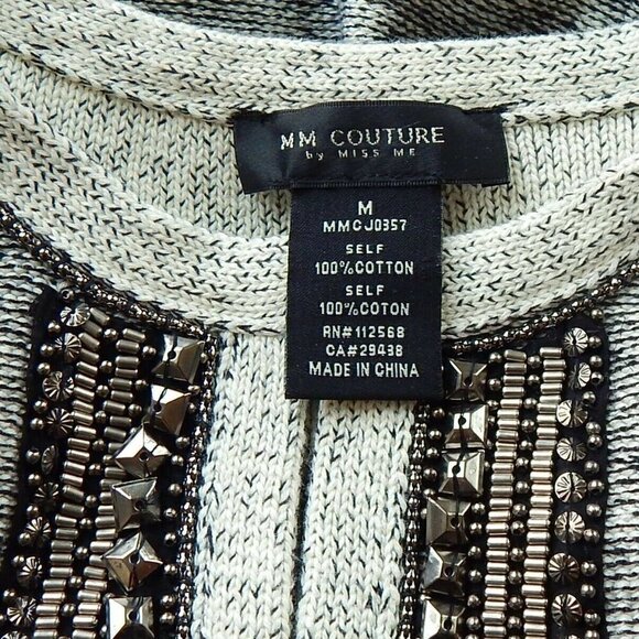 MM Couture Miss Me Black Ivory Mottled 3/4 Sleeve Beaded Cardigan Sweater M - Picture 3 of 3